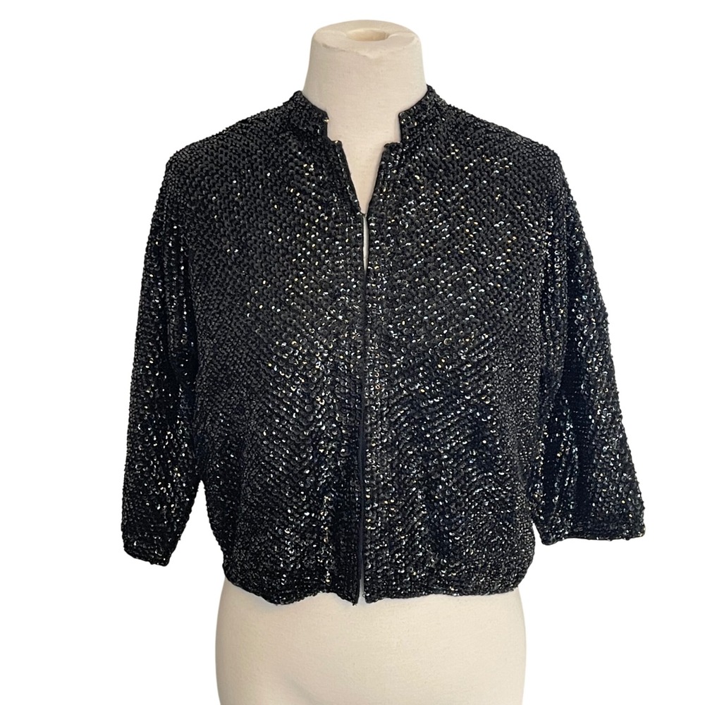 Vintage Voguemont Sequin Jacket Black Beaded Cropped 3/4 Sleeve Collarless